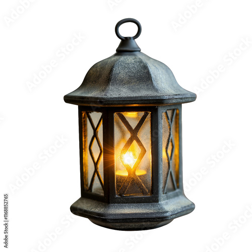 A beautiful miniature lantern ornament featuring a glowing flickering LED light, set against a transparent background, perfect for home decor or holiday decoration ideas. photo