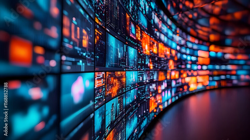 A multitude of vibrant screens in a curved display showing various news and media broadcasts in a monitoring room