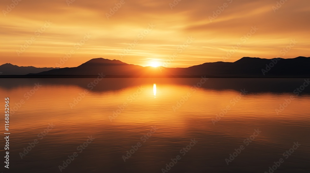 Golden sunset over serene lake with mountain backdrop, reflecting calm waters. Golden sunset over serene lake with mountain backdrop, reflecting calm waters.