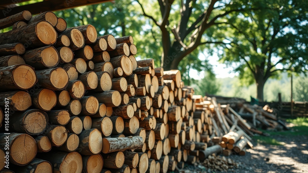 Neatly Stacked Logs in a Rural Setting Under a Canopy of Lush Green Trees Neatly Stacked Logs in a Rural Setting Under a Canopy of Lush Green Trees
