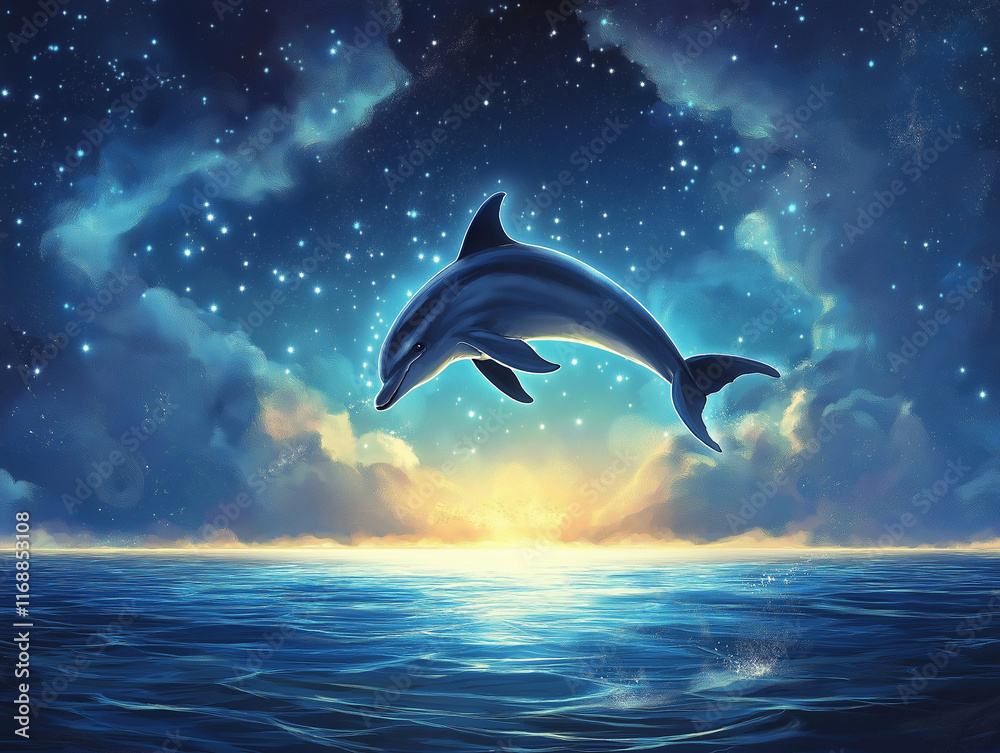 Fototapeta premium Radiant Ocean Spanned by a Glowing Dolphin in Motion