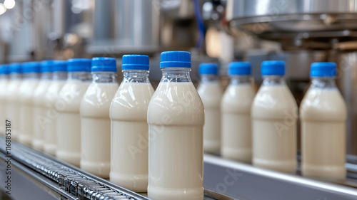 filling milk in to plastic bottles at the factory. equipment at the dairy plant
