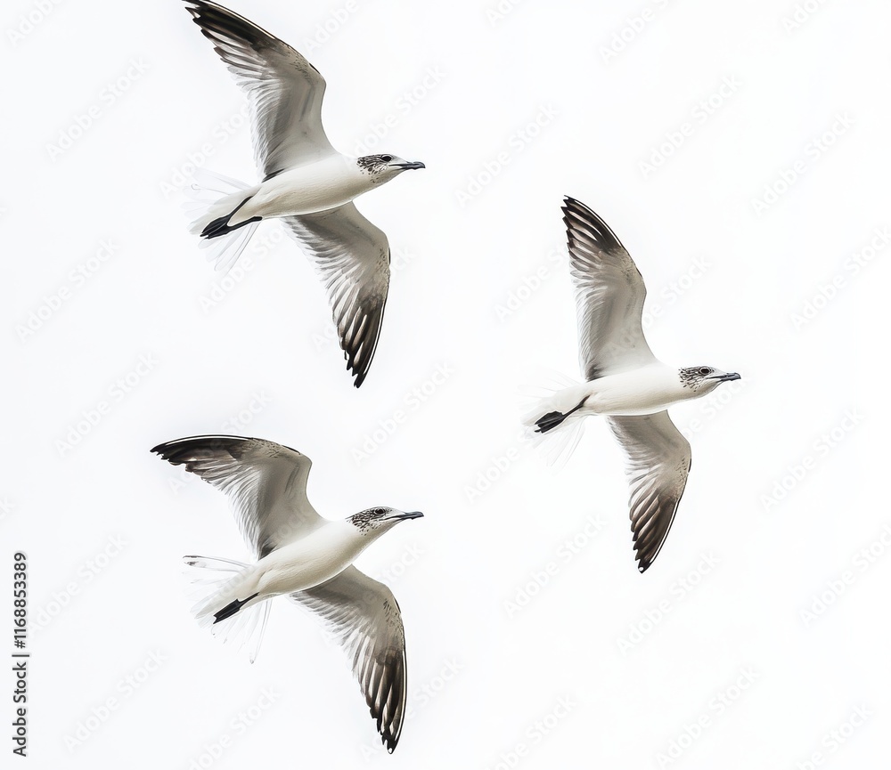 Obraz premium Three Seagulls in Flight Against a Bright Sky Captured in Midair, Showcasing Graceful Movement and Natural Beauty in the Open Air