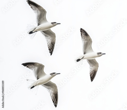 Three Seagulls in Flight Against a Bright Sky Captured in Midair, Showcasing Graceful Movement and Natural Beauty in the Open Air photo