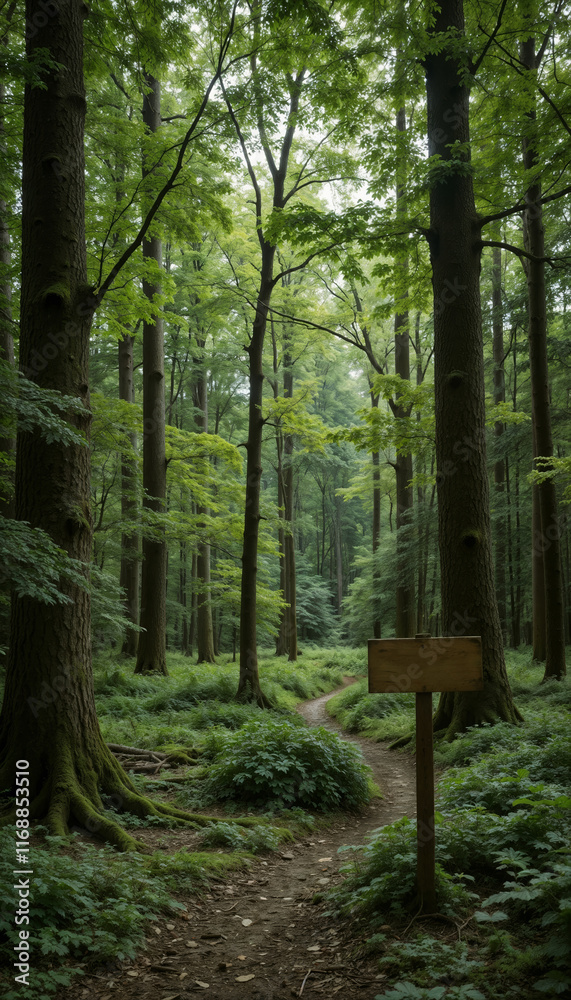 Narrow forest path with wooden sign and lush greenery.Tranquility. Escape. Nature’s retreat.Hiking trail. Nature walk. Forest park. Outdoor adventure. Nature tourism. Narrow forest path with wooden sign and lush greenery.Tranquility. Escape. Nature’s retreat.Hiking trail. Nature walk. Forest park. Outdoor adventure. Nature tourism.
