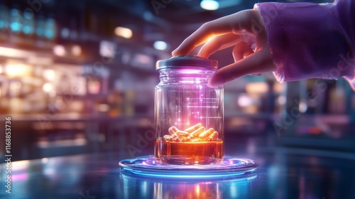 Futuristic Apothecary with Digital Holographic Mixer. Generative AI photo