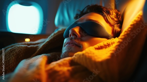 Relaxed traveler napping on a flight with an eye mask