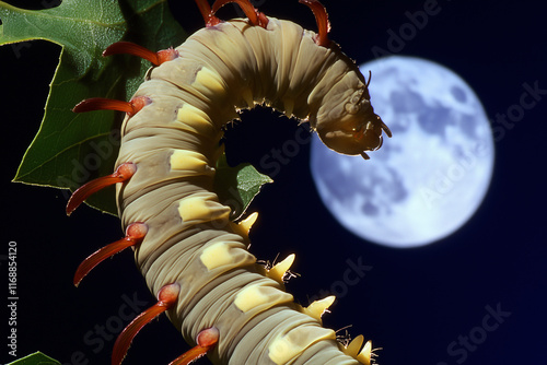 Caterpillar climbing on a leaf under a full moon in a night sky photo