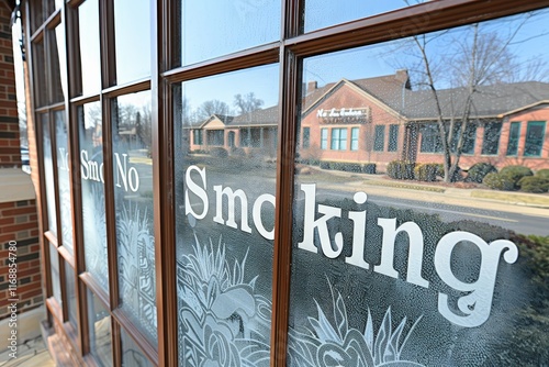 No smoking sign on frosted window restaurant exterior informational content urban environment close-up viewpoint health awareness photo