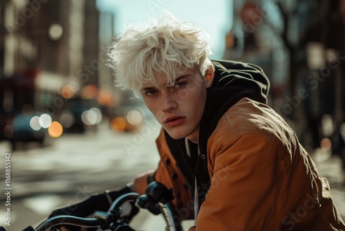 Gen Z guy with bleached hair, leaning on a bike in the city, casual streetwear, urban background, bright daylight, carefree vibe photo