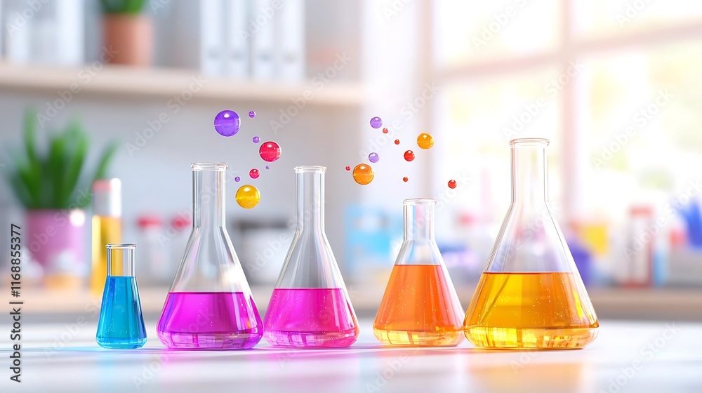 Colorful liquids in beakers on lab table. Colorful liquids in beakers on lab table.
