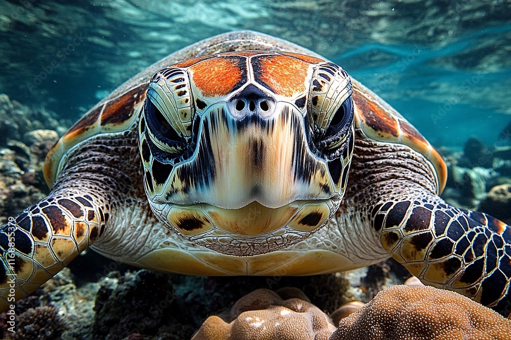 Fototapeta premium Majestic Sea Turtle: Underwater Portrait in Clear Ocean Waters