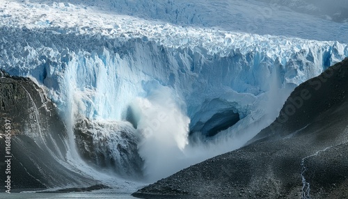 A scene where a glacier collapses due to global warming, causing huge ice blocks to fall photo