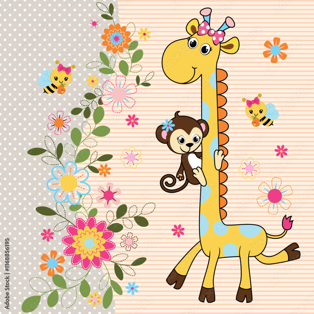 Naklejka premium Adorable giraffe vector illustration with flowers and butterflies. Whimsical and charming design.