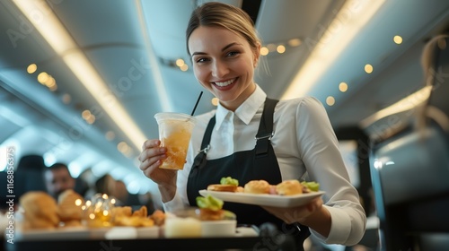 Flight attendant serving gourmet meals on a plane