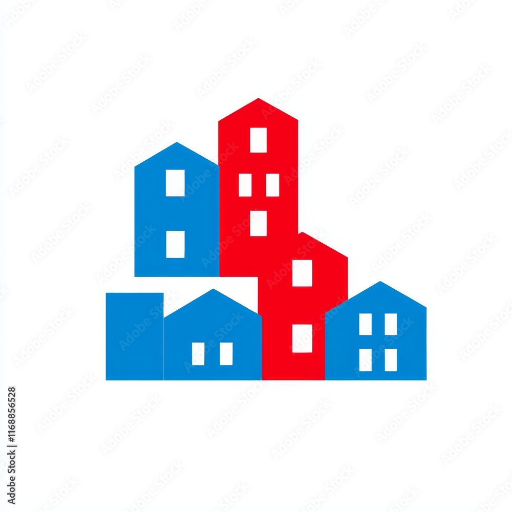 Illustration of a modern city set against an isolated background, showcasing flat houses and apartment buildings in a lively, geometric design Illustration of a modern city set against an isolated background, showcasing flat houses and apartment buildings in a lively, geometric design