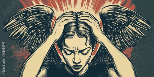 abstract art of a person with their hands on head, wing and horn on head