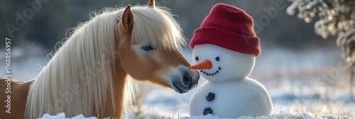 a cute pony kissing a snowman wearing a red hat on winter landscape background