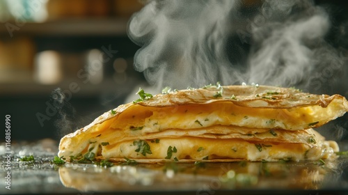 Deliciously melted cheese quesadilla with fresh herbs
