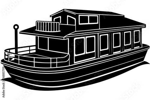 Classic Houseboat on Water - Nautical Vector Illustration

