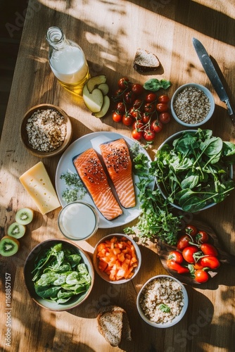 various healthy foods, including fish and vegetables, on the table with milk in glass bottle on wooden table, including salmon fillet, kiwi fruit, carrot, tomato, green leaves and grain