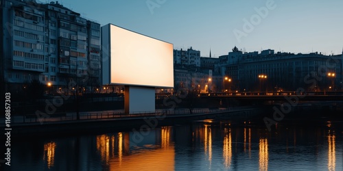 Empty billboard reflecting on a tranquil river at dusk