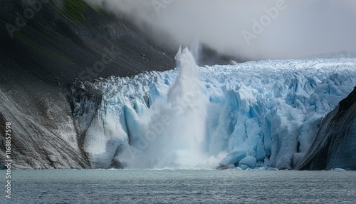 A scene where a glacier collapses due to global warming, causing huge ice blocks to fall