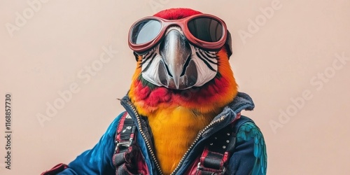 a colorful parrot in a pilot outfit with goggles on blur beige background
