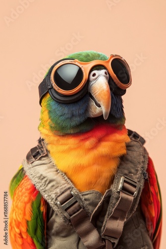a colorful parrot in a pilot outfit with goggles on blur beige background