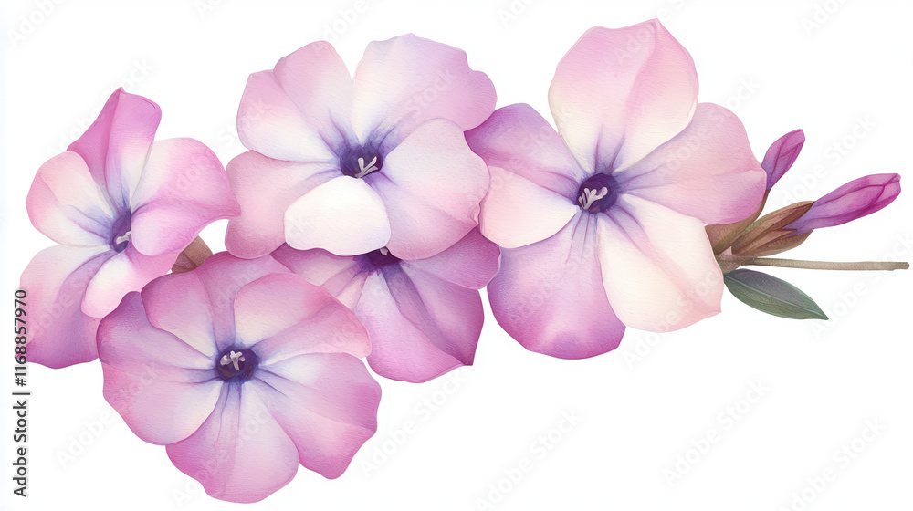 Obraz premium Watercolor phlox flowers in soft pink and white hues, beautifully arranged