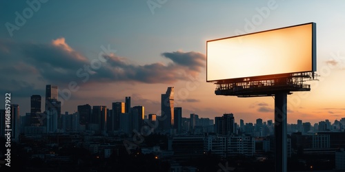 Empty billboard against a city skyline at sunset