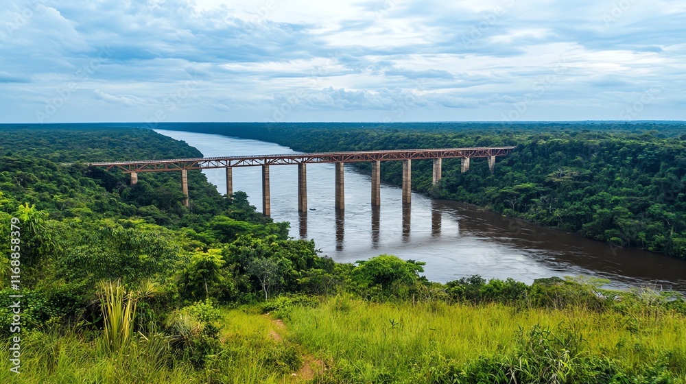 Bridge over a river in lush greenery under a vast sky. Bridge over a river in lush greenery under a vast sky.