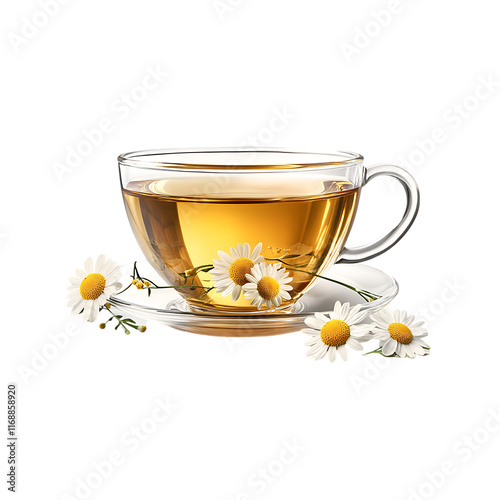 A glass cup of chamomile tea with flowers isolated on a transparent background, in PNG format, Herbal tea PNG