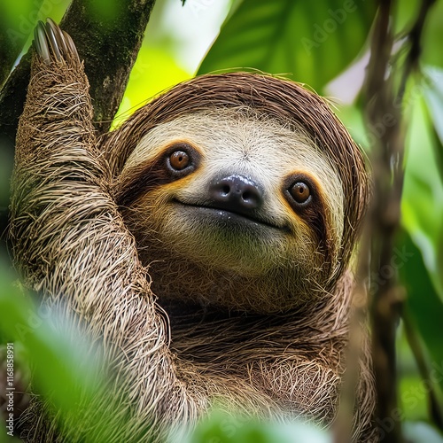 A sloth hanging on a tree branch, leisurely enjoying its surrounding greenery. photo