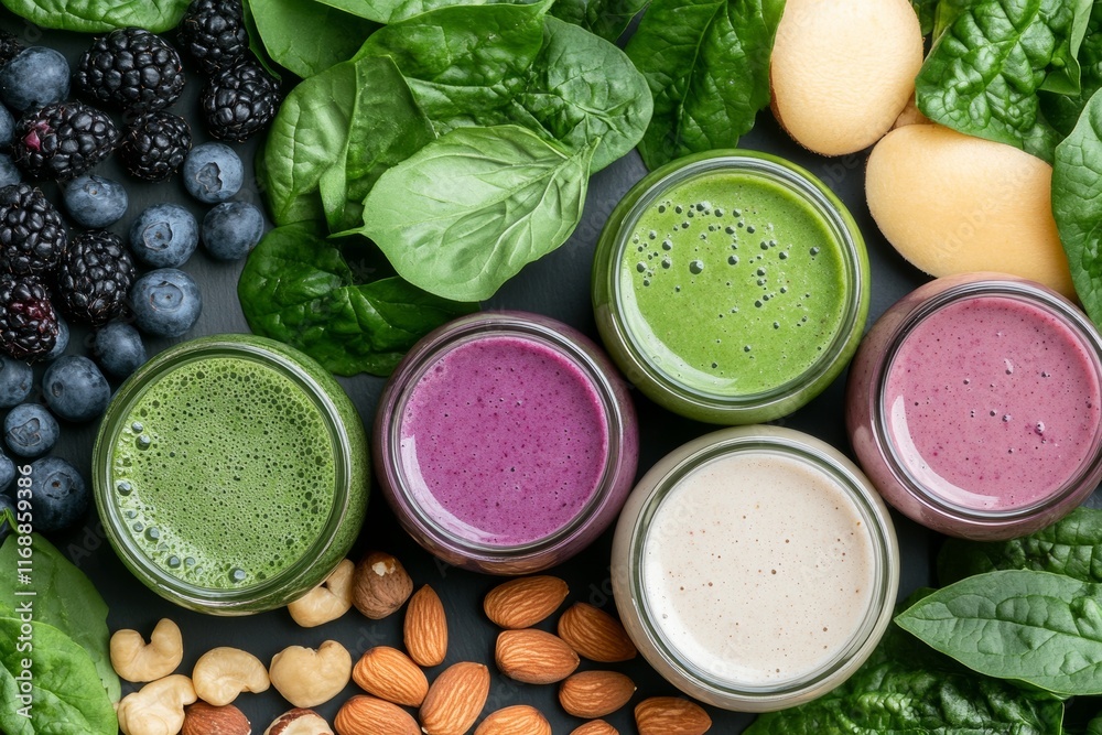 A colorful smoothies in glass jars. Generative AI A colorful smoothies in glass jars. Generative AI