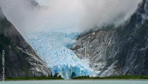 A scene where a glacier collapses due to global warming, causing huge ice blocks to fall photo