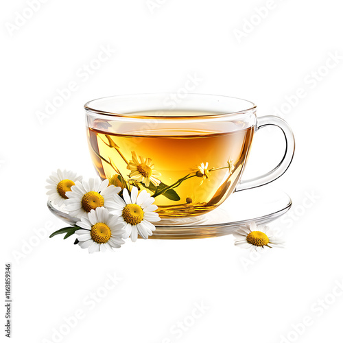 A glass cup of chamomile tea with flowers isolated on a transparent background, in PNG format, Herbal tea PNG