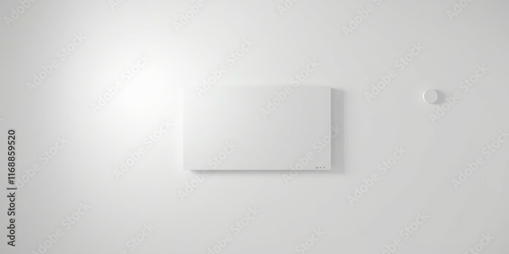 A minimalist interior design featuring a blank rectangular panel and a small circular element on a white wall. A minimalist interior design featuring a blank rectangular panel and a small circular element on a white wall.
