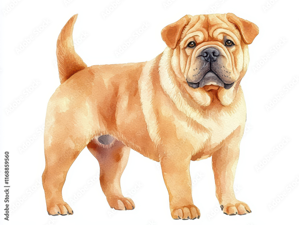 Watercolor of wrinkly Shar Pei dog, showcasing its unique features Watercolor of wrinkly Shar Pei dog, showcasing its unique features