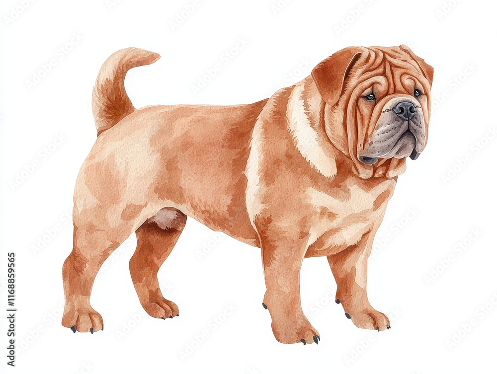 Watercolor painting of wrinkly Shar Pei dog with tan coat Watercolor painting of wrinkly Shar Pei dog with tan coat