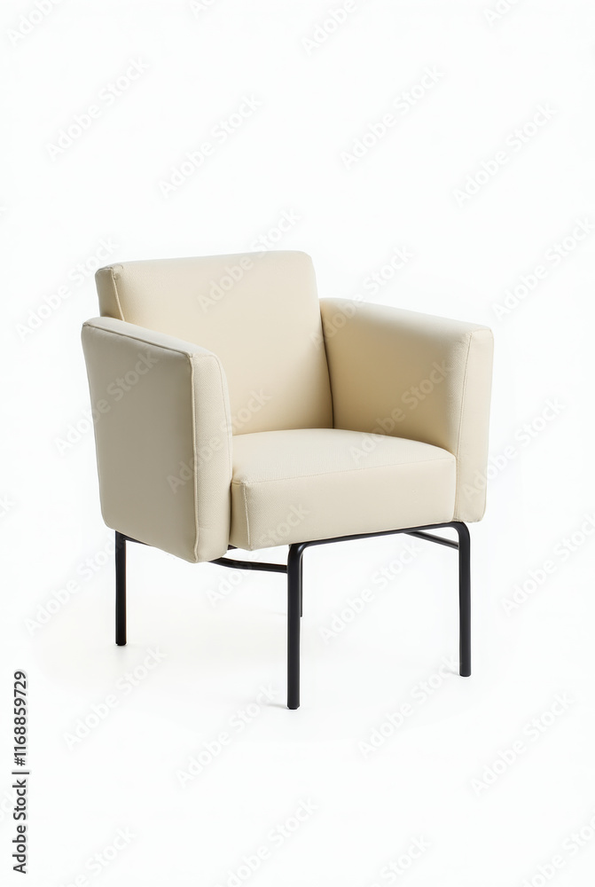 A Clean-Lined Armchair with a Boxy Frame and Low Backrest Upholstered in a Neutral Beige Fabric A Clean-Lined Armchair with a Boxy Frame and Low Backrest Upholstered in a Neutral Beige Fabric
