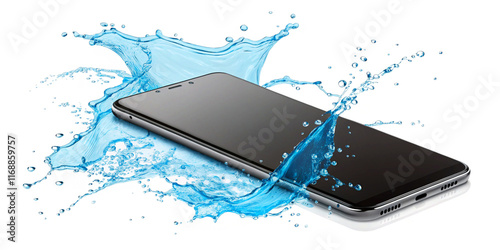 Creative blue water splash smart phone on a transparent background showcasing the fluid and dynamic nature of liquid type photography.