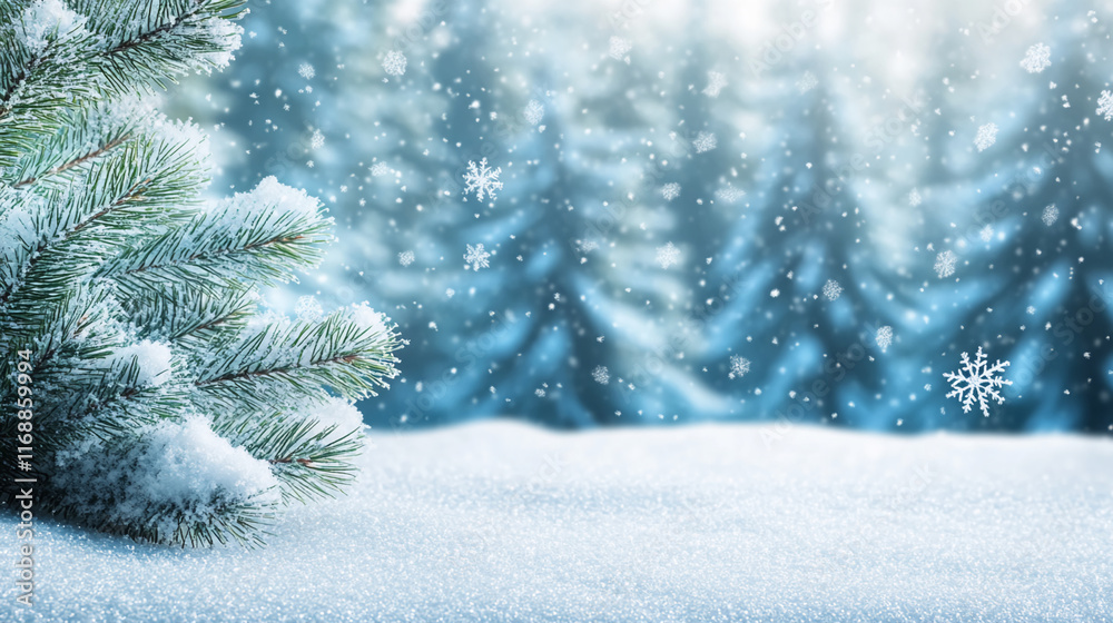 Snowy pine branch with snowflakes falling in a tranquil winter forest scene Snowy pine branch with snowflakes falling in a tranquil winter forest scene