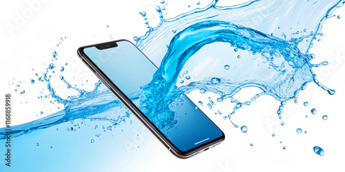 Creative blue water splash smart phone on a transparent background showcasing the fluid and dynamic nature of liquid type photography.
