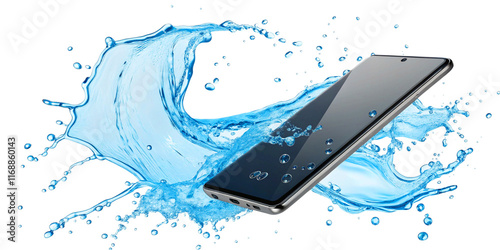 Creative blue water splash smart phone on a transparent background showcasing the fluid and dynamic nature of liquid type photography.