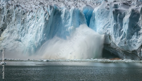 A scene where a glacier collapses due to global warming, causing huge ice blocks to fall photo