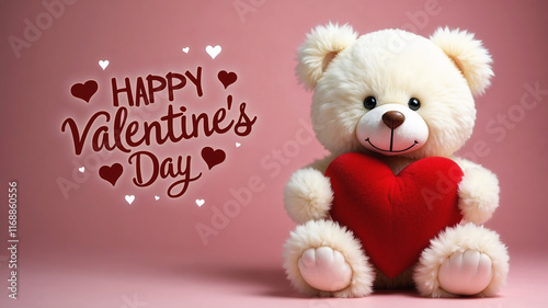 White fluffy teddy bear holding a red heart with happy valentine's day greeting on pink background