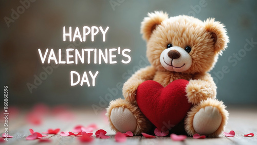 Adorable teddy bear holding a red heart, surrounded by small hearts, with happy valentine's day message