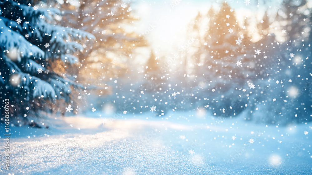 Snowy forest landscape with sparkling snowflakes and sunlight shining through the trees Snowy forest landscape with sparkling snowflakes and sunlight shining through the trees
