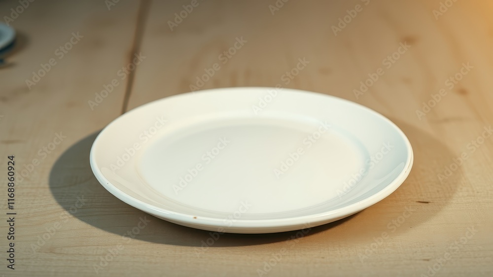 Empty white plate on a light wood surface, ready for a meal Empty white plate on a light wood surface, ready for a meal